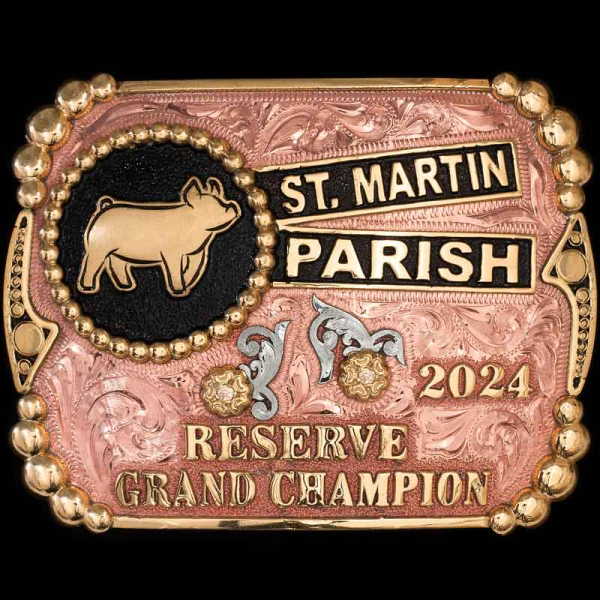 "Stand out at any rodeo or stock show with the Grand Junction Custom Belt Buckle. This beautiful buckle is crafted with several materials which creates a colorful deisgn to show off on your belt. Crafted on a hand-engraved, Copper base. Detailed with